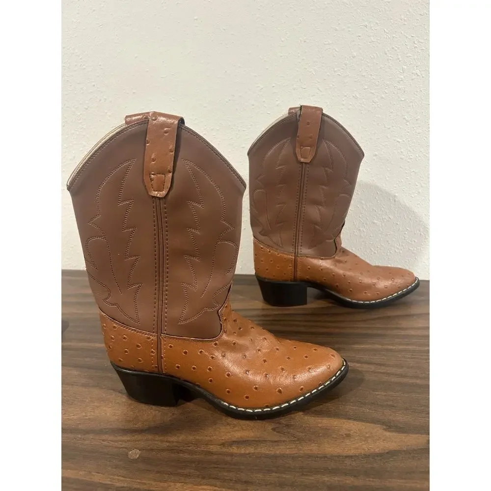 Old West Cowboy Boots‎ Boys Ostrich Print Brown Youth Size 2 Western Point Toe